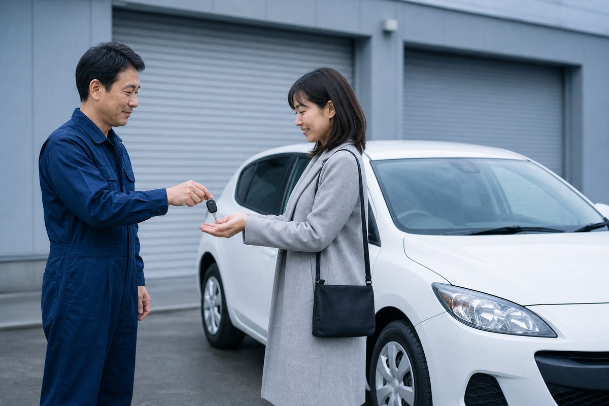 店舗前で、スタッフがお客様に代車の鍵を手渡している様子